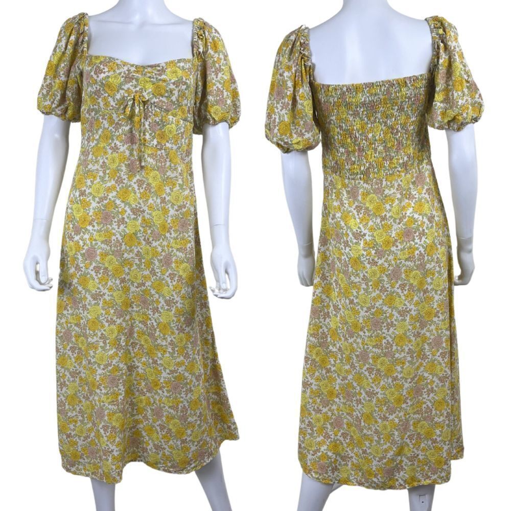 Faithfull The Brand Juniper Women Size 6 Yellow Floral Garden Midi NEW Dress